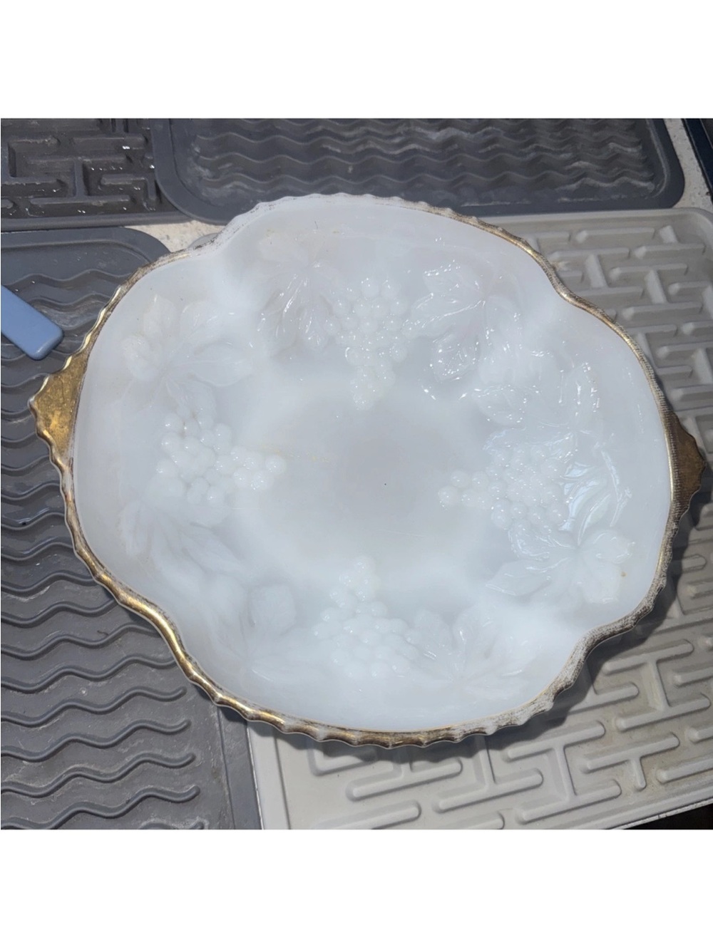 Anchor Hocking White Milk Glass Serving Bowl with Gold Trim and Grape Relief